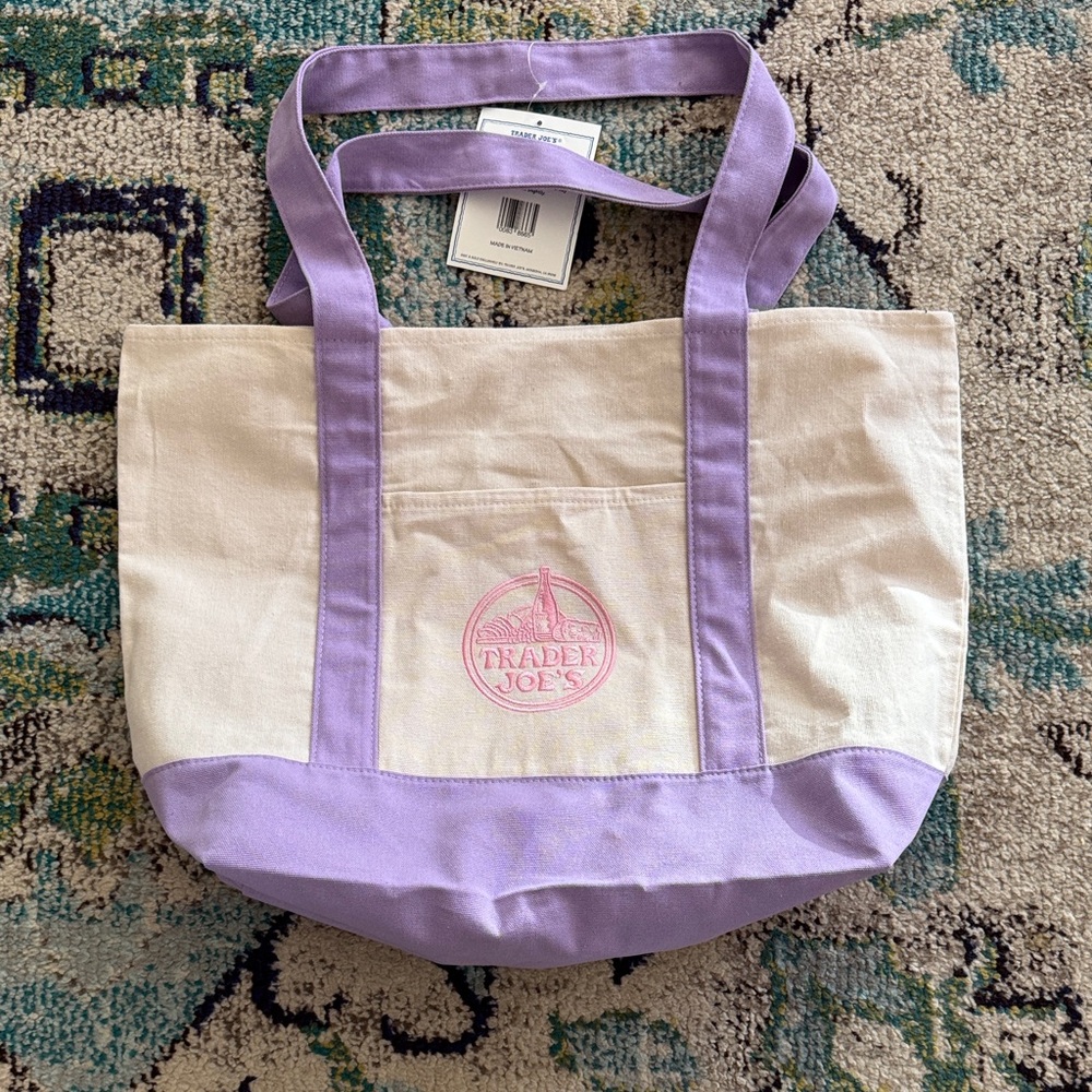 Trader Joe's Cream and Lavender Canvas Tote Bag